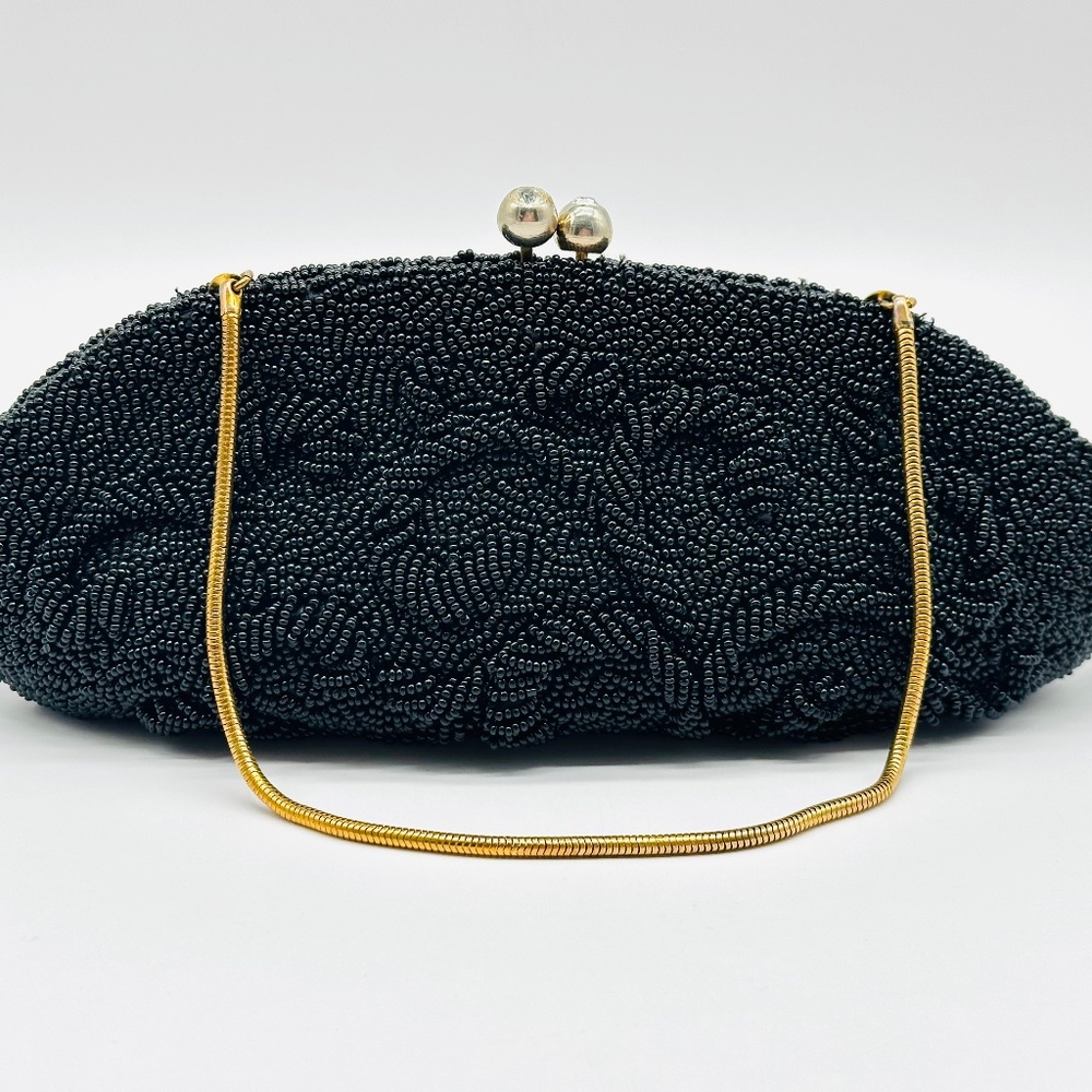 Vintage Black Beaded Handbag Clutch Gold Hide Away Chain Rhinestone Kiss Lock